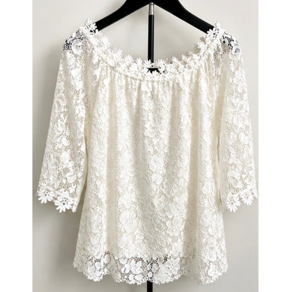 Miholl White Floral Lace Off Shoulder Top 3/4 Bell Sleeve Boho Blouse Small
